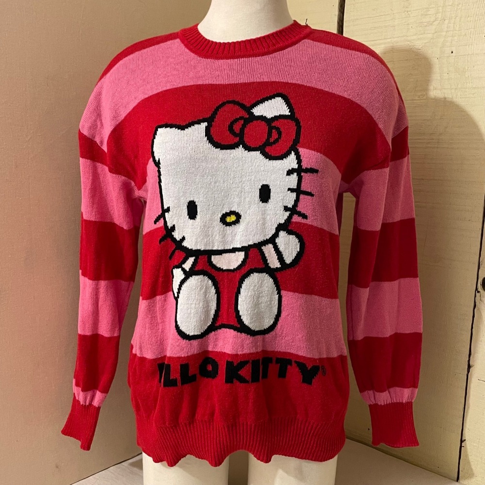 Hello Kitty by Sanrio‎ Womens Size Medium Pink Striped Graphic Knit Crew Sweater